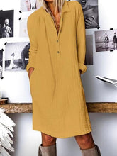 Plain V neck women long sleeve cotton blend Shift dresses